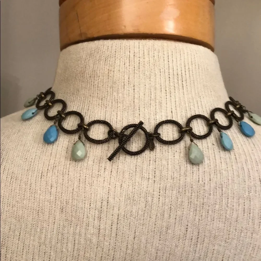 Premier Designs Caribbean Antique Goldtone - Bronze Chain Necklace Blue Beads